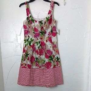 Nine West Sleeveless Floral Striped Fit Flare Midi Dress Pleats‎ Cotton Twee
